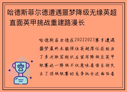 哈德斯菲尔德遭遇噩梦降级无缘英超 直面英甲挑战重建路漫长
